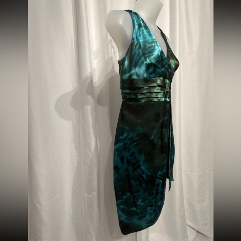 Signature by Robbie B silk dress faux wrap blue green abstract Print Size 6P NWT - Picture 3 of 11
